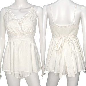 Allie Rose Boho Eyelet & Lace Tie Back Smocked Romper in Coastal White Size S